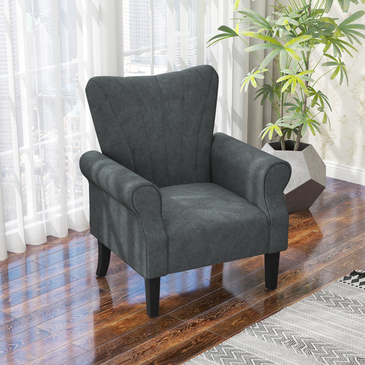 HOMCOM pholstered Accent Chair with High Back, Rolled Arms and Wood Legs, Soft Thick Padded Armchair, Grey