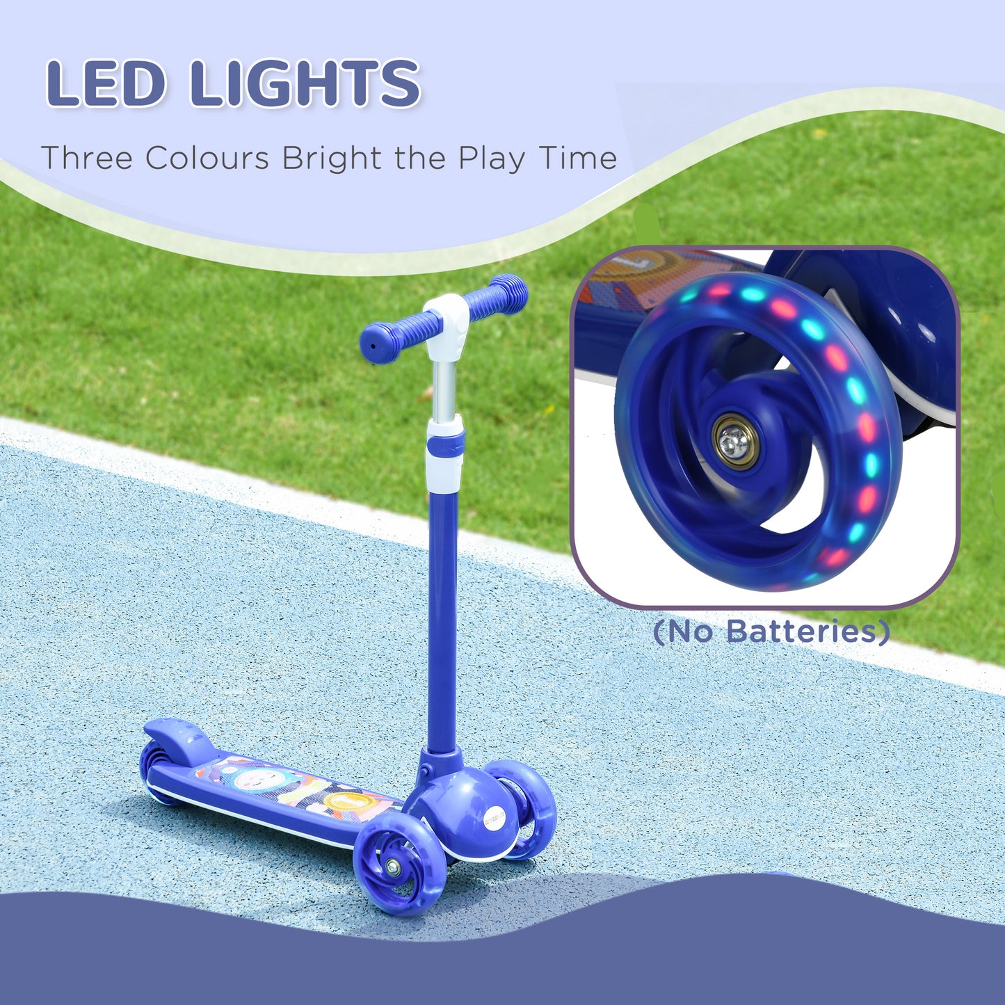 AIYAPLAY Kids 3 Wheel Scooter for 2-6 Years Old w/ Adjustable Height, LED Light, TPE Handlebar, Blue