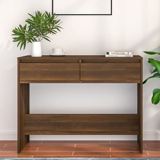 Brown Oak Console Table with 2 Drawers for Entryway and Living Room