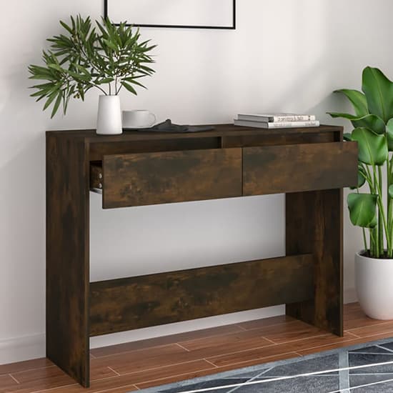 Smoked Oak Console Table with 2 Drawers for Entryway and Living Room Storage