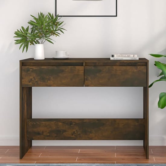 Smoked Oak Console Table with 2 Drawers for Entryway and Living Room Storage