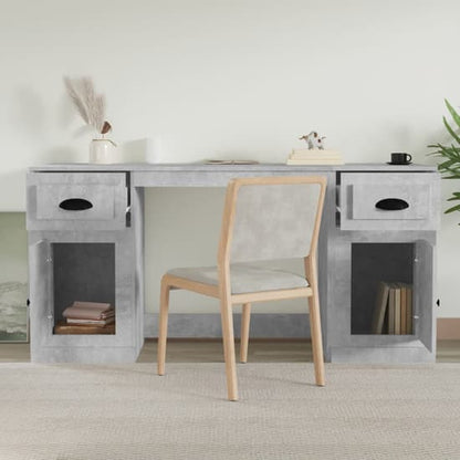 Modern Concrete Effect Computer Desk with Storage - Oliver Wooden Office Desk with 2 Doors and 2 Drawers