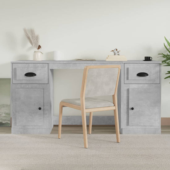 Modern Concrete Effect Computer Desk with Storage - Oliver Wooden Office Desk with 2 Doors and 2 Drawers