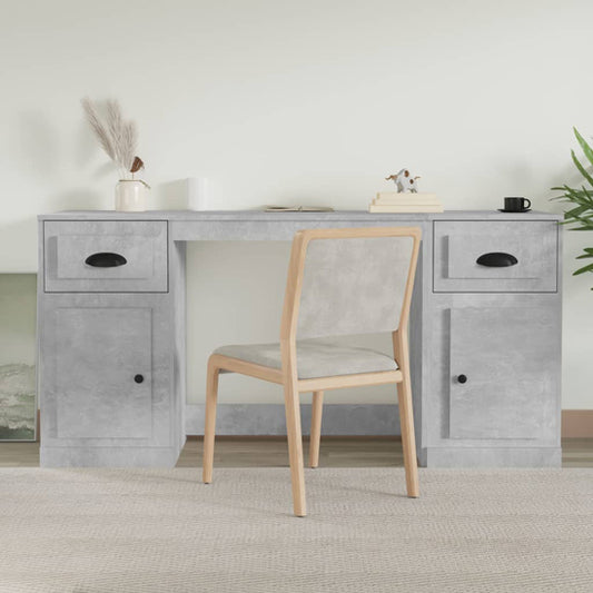 Modern Concrete Effect Computer Desk with Storage - Oliver Wooden Office Desk with 2 Doors and 2 Drawers