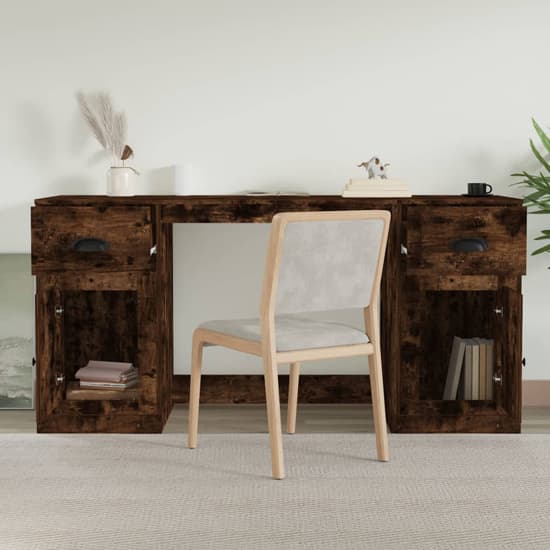 Smoked Oak Computer Desk with 2 Doors and 2 Drawers for Home Office