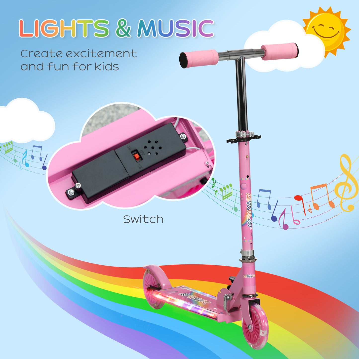 HOMCOM ids Scooter, with Lights, Music, Adjustable Height, Foldable Frame, for Ages 3-7 Years - Pink