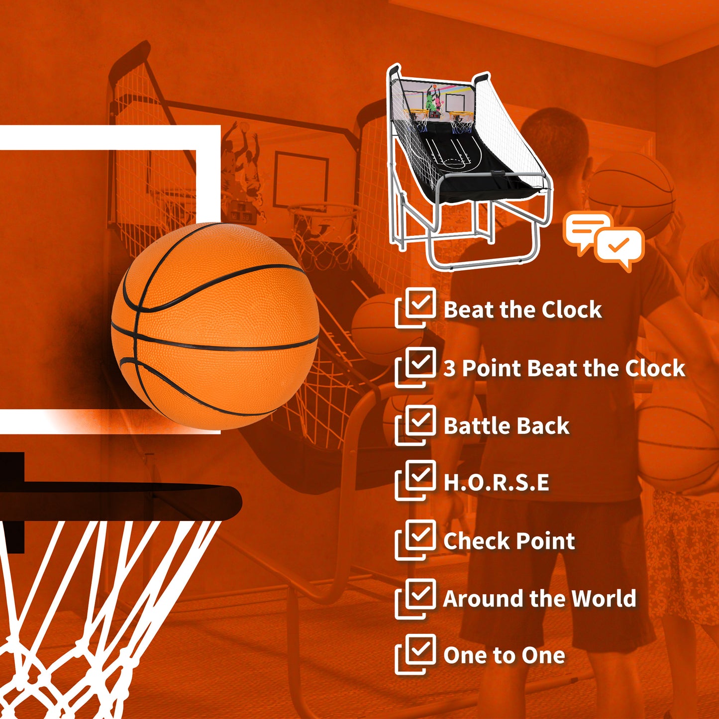 SPORTNOW Foldable Double-Hoop Basketball Arcade Game, with Eight Modes, Four Basketballs, Electronic Scoreboard, Sound Effects