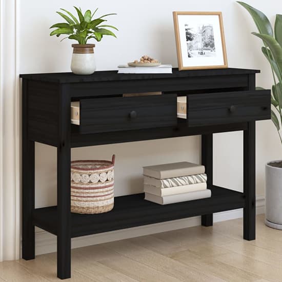 Orsin Pine Wood Console Table With 2 Drawers In Black