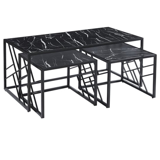 Black High Gloss Coffee Table Set with Side Tables – Oslo Marble Effect Design