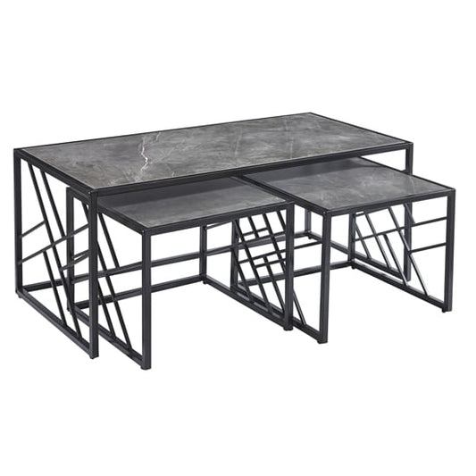 Oslo High Gloss Coffee Table Set with Grey Marble Top and Black Frame - Modern Living Room Furniture