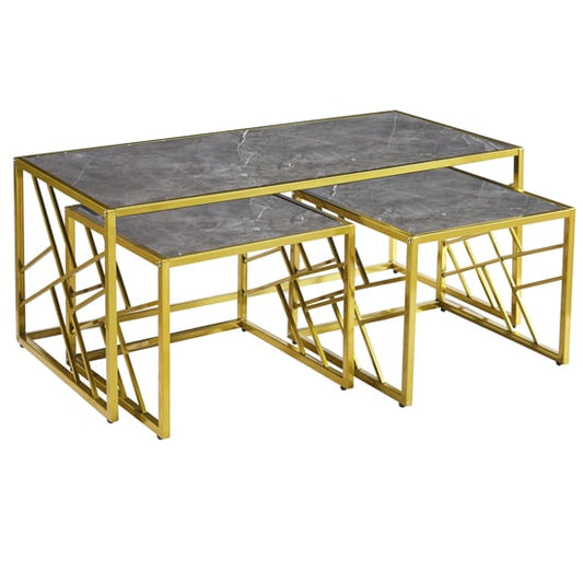 Grey Marble Effect Coffee Table Set with Gold Frame - Oslo High Gloss Design