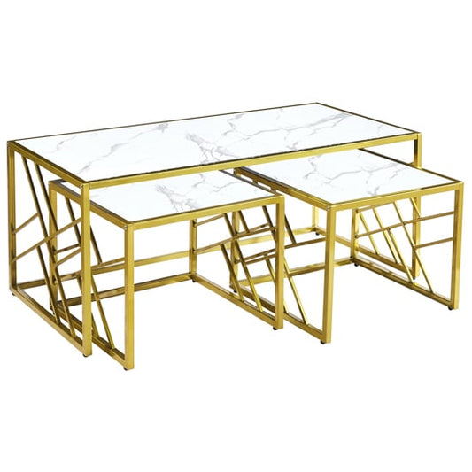 White Marble Effect Coffee Table and Side Tables with Gold Frame