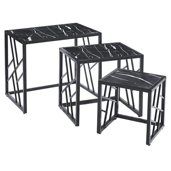 Oslo Black Marble Effect Nesting Tables Set of 3 with Black Metal Frame