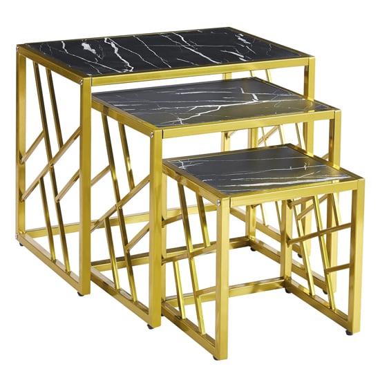 Oslo Nesting Tables Set of 3 with Black Marble Finish and Gold Frame