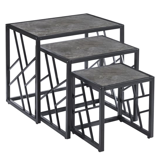 Oslo Nesting Tables Set of 3 with Grey Marble Top and Black Metal Frame