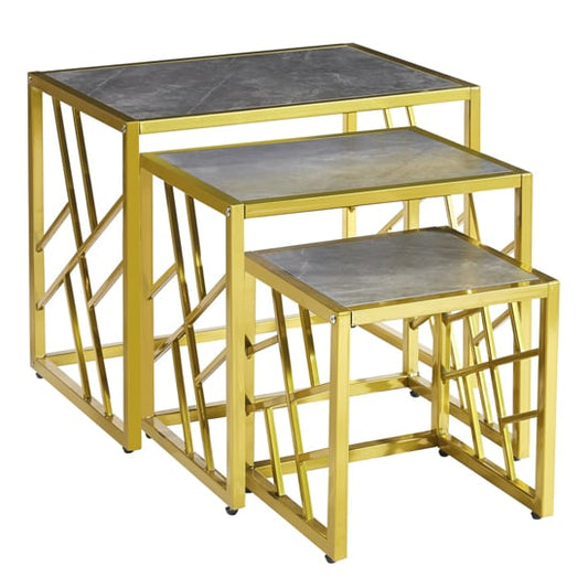 Oslo Nesting Tables Set - Grey Marble Effect with Gold Frame - Modern High Gloss Design