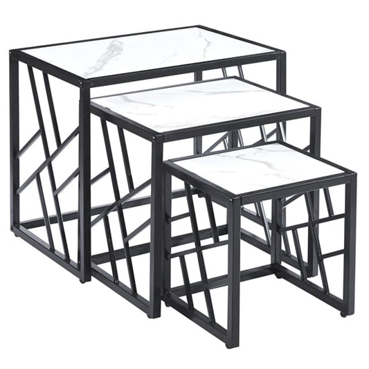 Oslo Nesting Tables Set of 3 with White Marble Finish and Black Metal Frame