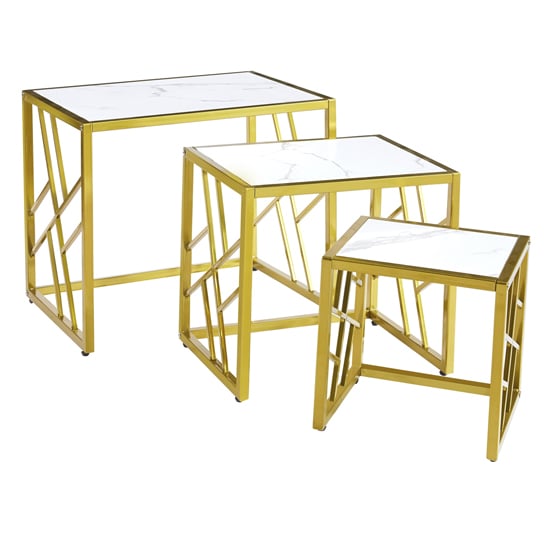 High Gloss Nesting Tables Set of 3 with White Marble Effect and Gold Frame