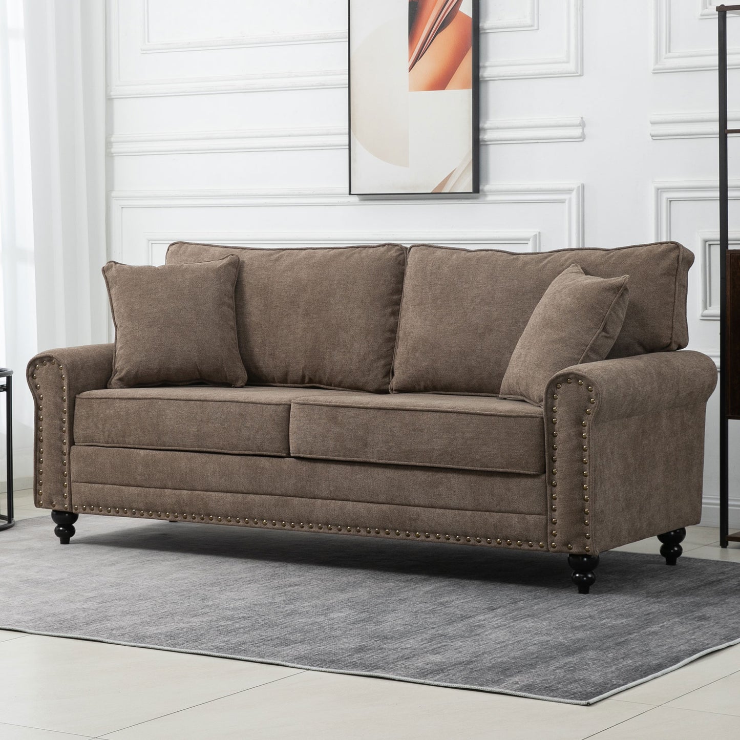 HOMCOM 3 Seater Sofa for Living Room, Fabric Sofa with Nailhead Trim, Cushions and Pillows, Brown