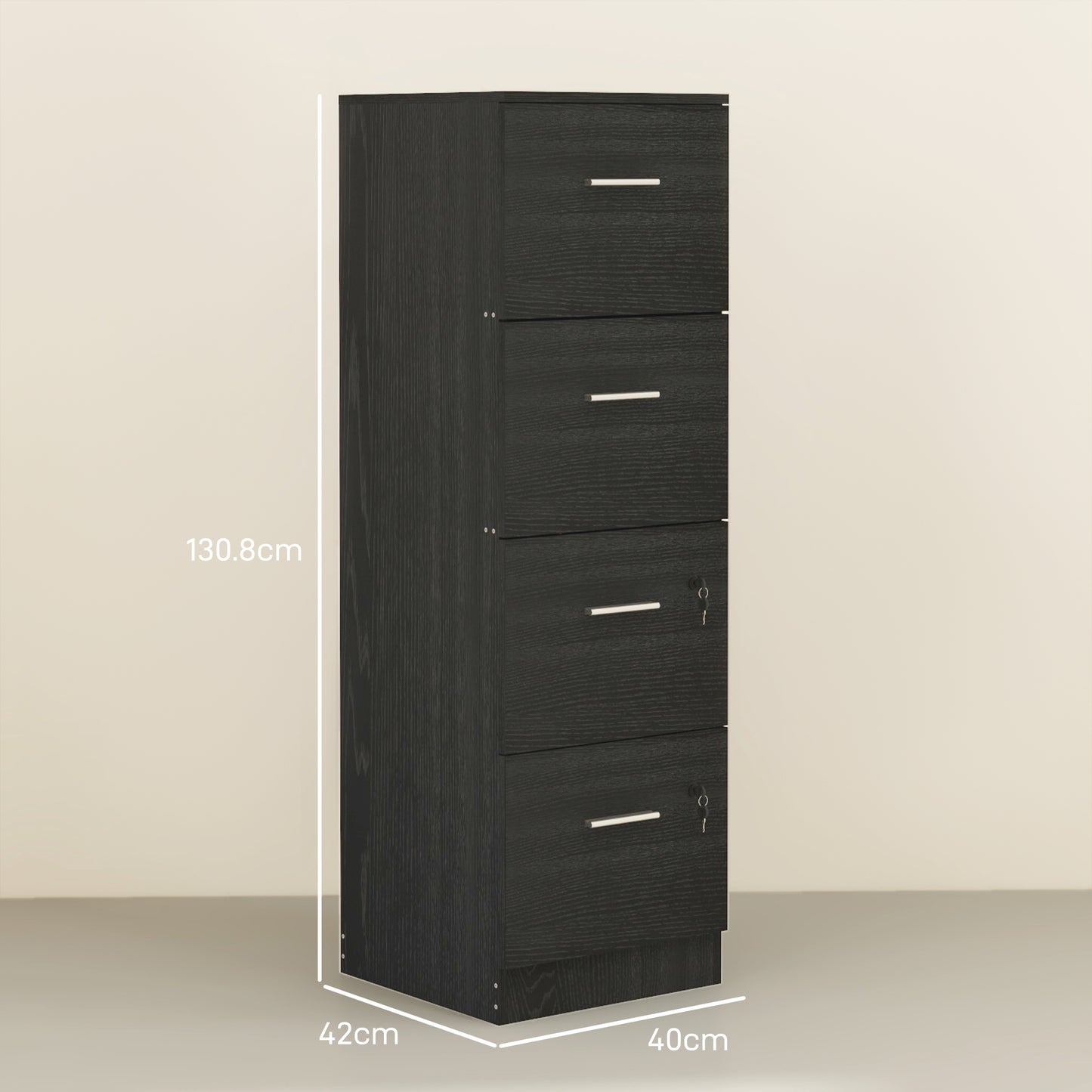 HOMCOM our-Drawer Lockable Filing Cabinet - Black Wood Effect