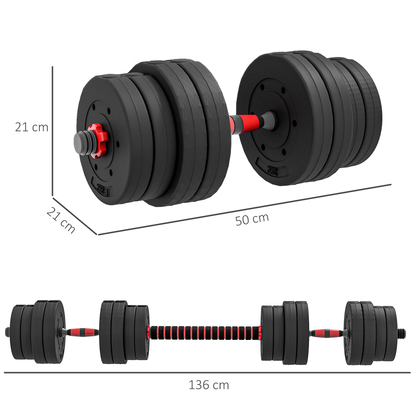 HOMCOM 0kg 2 IN 1 Adjustable Dumbbells Weight Set, Dumbbell Hand Weight Barbell for Body Fitness, Lifting Training for Home, Office, Gym, Black