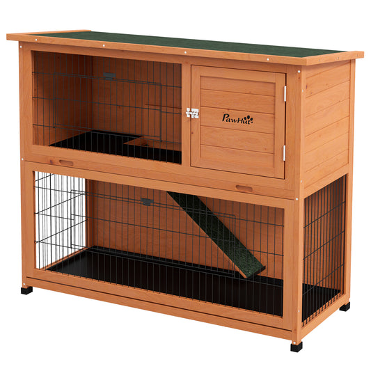 PawHut Two-Tier Antiseptic Wood Rabbit Hutch, 102cm Guinea Pig Hutch with Run - Orange