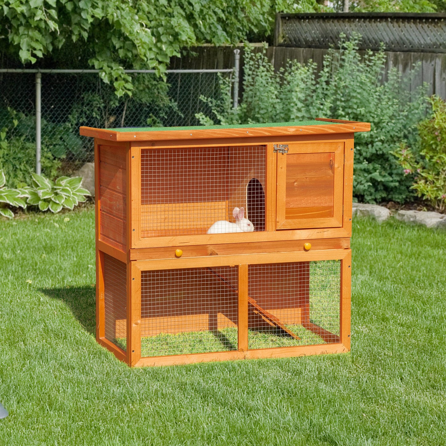 PawHut Rabbit Hutch Outdoor Guinea Pig Hutch Wooden Pet Cage Run 2-Tier with Opening Top, 90 x 45 x 80cm