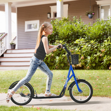 HOMCOM ids Scooter Teen Ride On Children Scooter with Adjustable Handlebar 2 Brakes Basket Cupholder Mudguard 16" Inflatable Rubber Tyres for 5-12 years old Blue