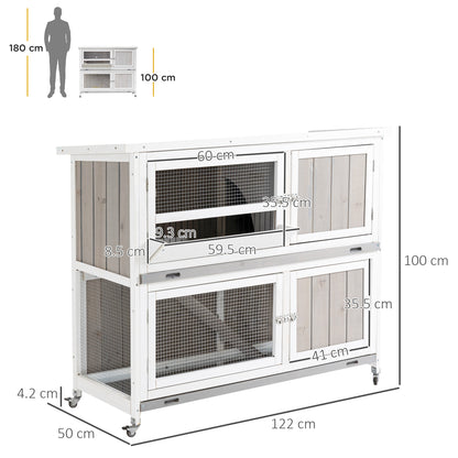 PawHut Rabbit Hutch Outdoor Guinea Pig Hutch Wooden Bunny House with Rain Cover Wheels for Indoor Outdoor, 122 x50 x100cm - Grey