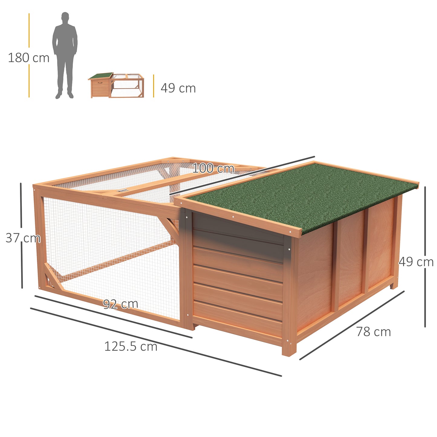 PawHut Rabbit Hutch Outdoor Guinea Pig Hutch with Run Small Animal Off-ground Duck House Hideaway Backyard with Openable Roof 125.5 x 100 x 49cm Orange