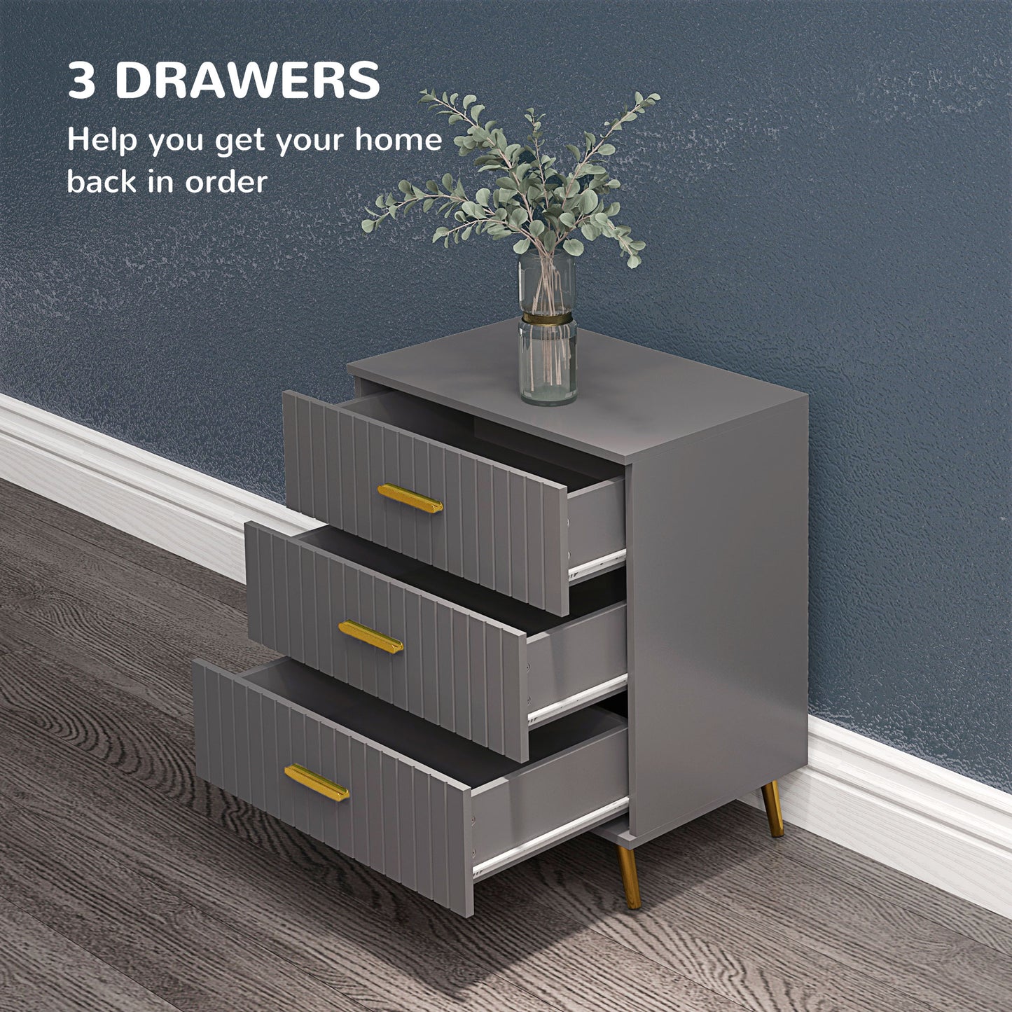 HOMCOM hree Drawer Embossed Line Dresser - Grey/Gold Tone