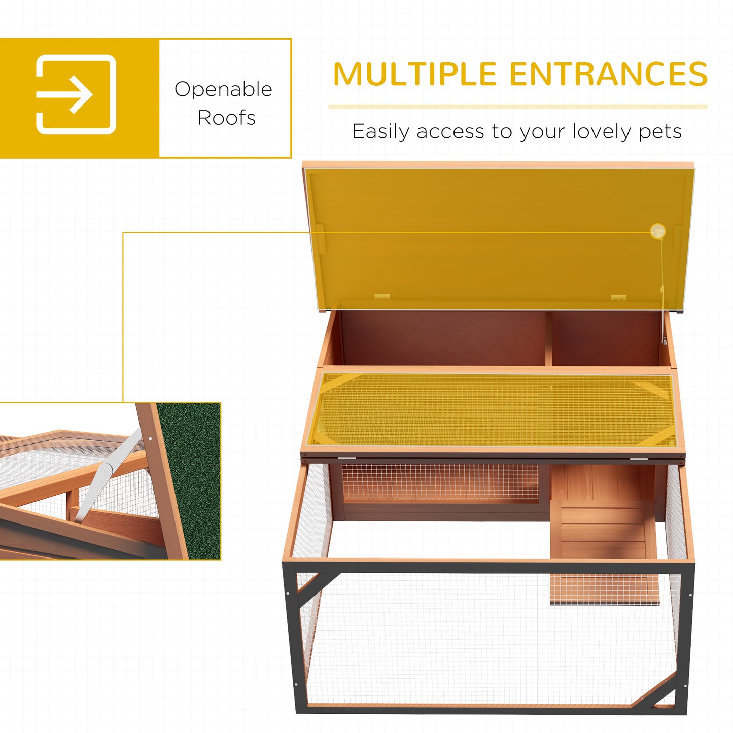 PawHut Rabbit Hutch Outdoor Guinea Pig Hutch with Run Small Animal Off-ground Duck House Hideaway Backyard with Openable Roof 125.5 x 100 x 49cm Orange