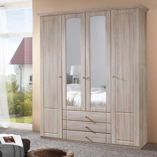 Vilma Mirrored Wardrobe with 4 Doors and 3 Drawers in Oak Finish | Modern Storage Solution