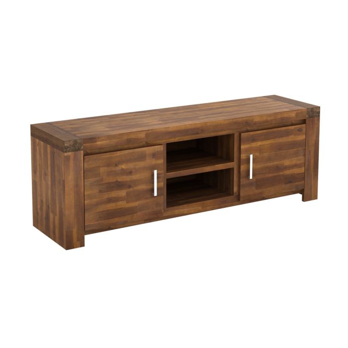 Elegant Solid Acacia Wood TV Cabinet in Warm Brown with Central Display Shelf & 2 Doors