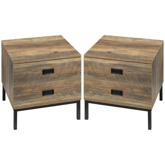 HOMCOM etro Bedside Table, End Side Table with 2 Drawers, Metal Frame for Bedroom, Living Room, Set of 2, Coffee