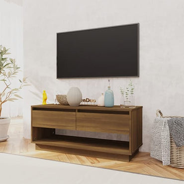 Brown Oak Wooden TV Stand with 2 Drawers for Living Room Storage