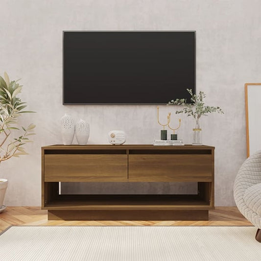 Brown Oak Wooden TV Stand with 2 Drawers for Living Room Storage