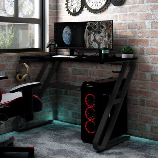 Black Phenix Gaming Desk with ZZ-Shape Iron Legs and Built-in Accessories