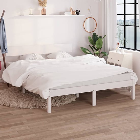 FURCO Phyre White Solid Pine Double Bed Frame with Headboard - Fits 140 x 200 cm Mattress