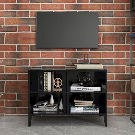 Black High Gloss TV Stand with Metal Legs - FURCO Pilvi Storage Cabinet for Living Room