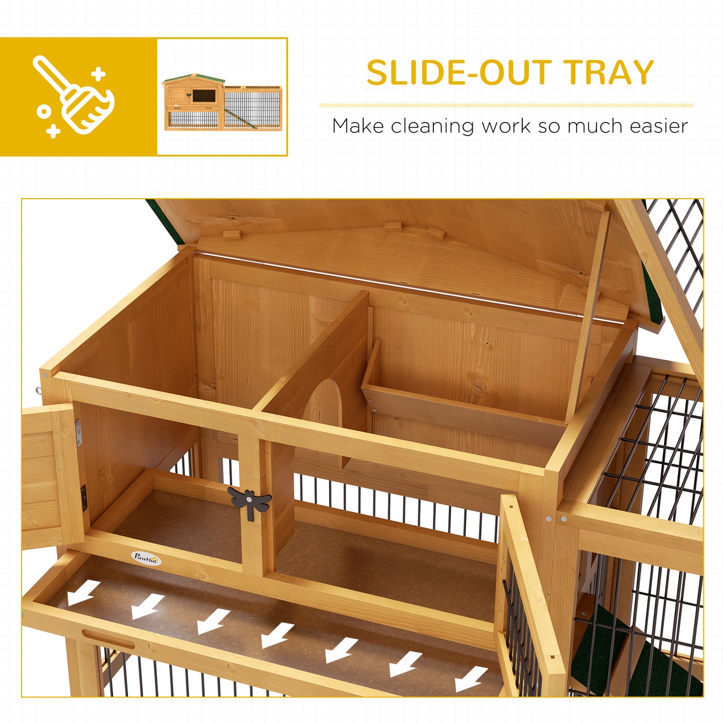 PawHut Wooden Rabbit Hutch with Outdoor Run Yellow