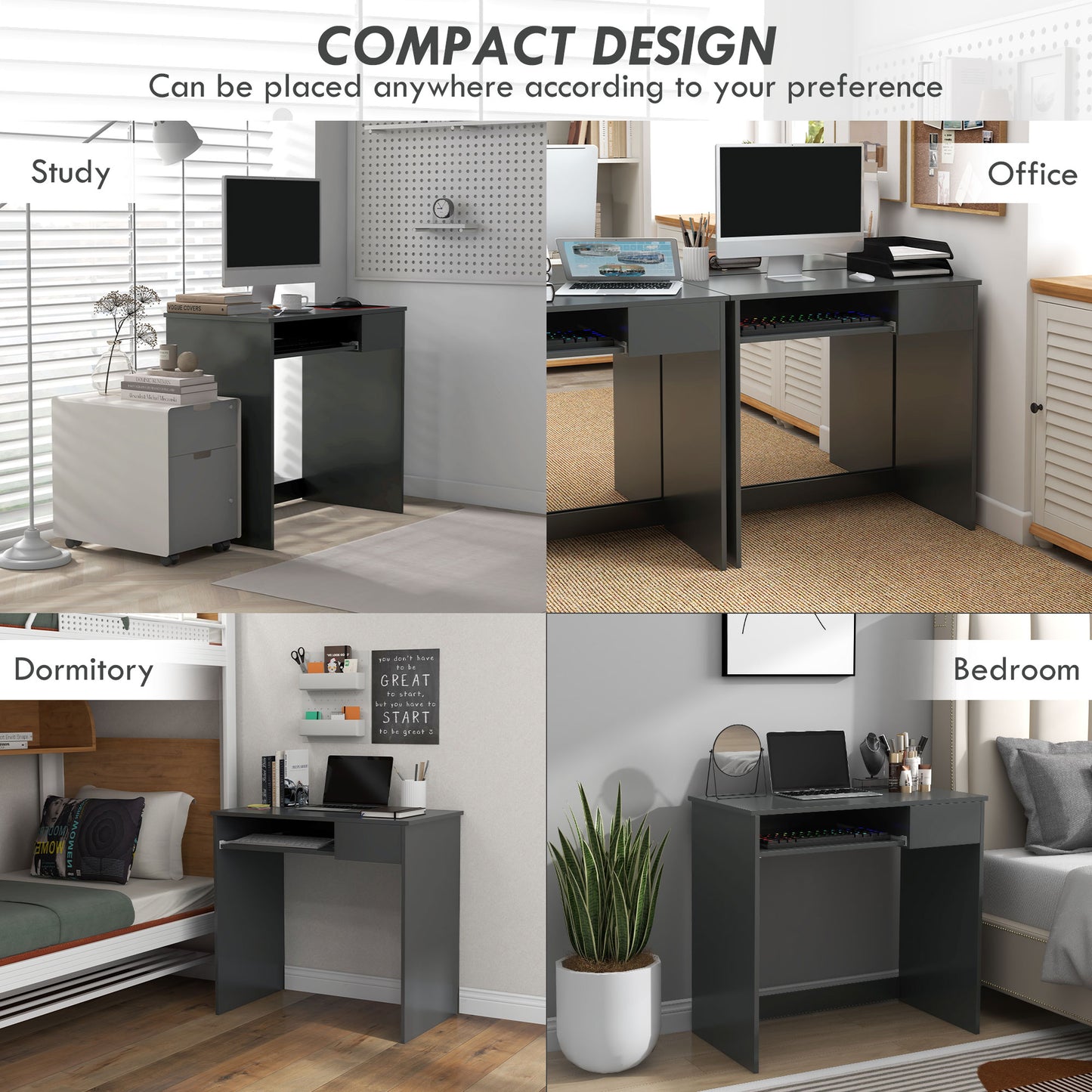 HOMCOM ompact Computer Desk with Keyboard Tray and Drawer, Study Desk, Writing Desk for Home Office, Grey