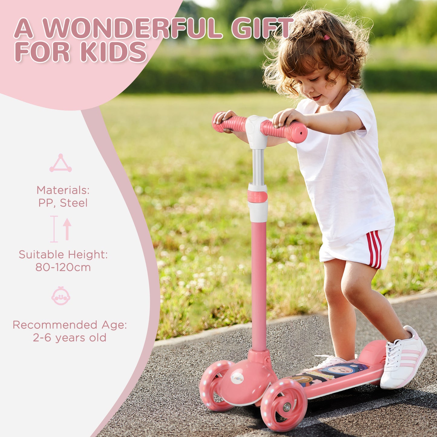 AIYAPLAY Kids 3 Wheel Scooter for 2-6 Years Old w/ Adjustable Height, LED Light, TPE Handlebar, Pink