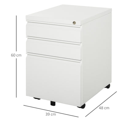 Vinsetto 3 Drawer Filling Cabinet, Mobile Metal File Cabinet with Anti-tilt Design for Letter, A4, Legal Size, White