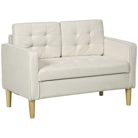 HOMCOM odern Loveseat Sofa, Compact 2 Seater Sofa with Hidden Storage, 117cm Tufted Cotton Couch with Wood Legs, Cream White