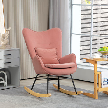 HOMCOM elvet Rocking Chair Armchair with Lumbar Pillow, Metal Legs and Wood Base for Living Room, Bedroom, Pink