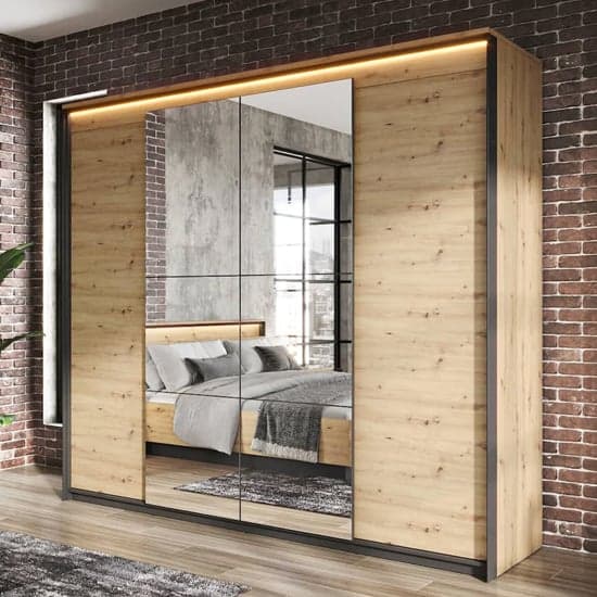 Artisan Oak Mirrored Wardrobe with LED Lighting and 2 Hinged Doors