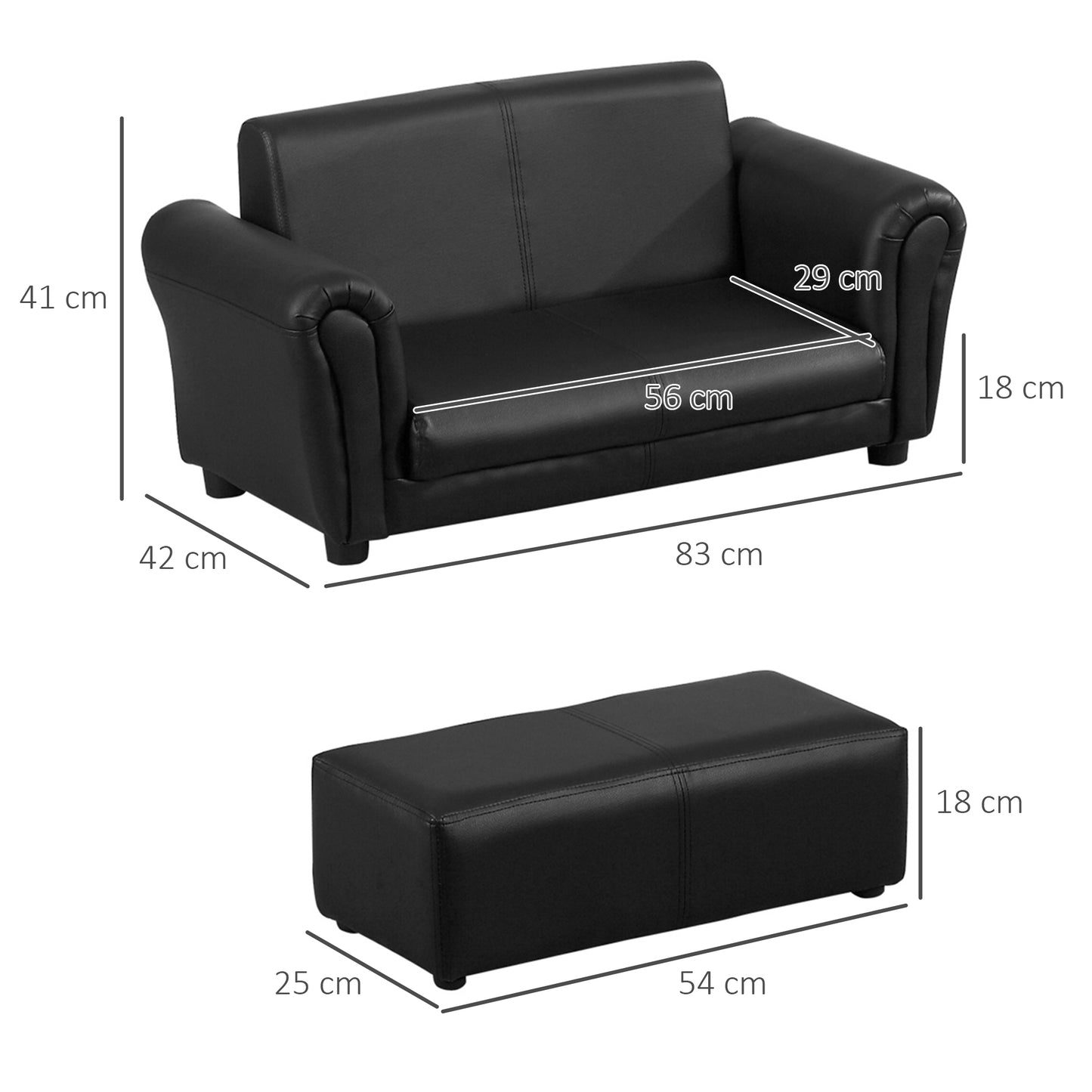 HOMCOM ids Sofa Bed Kids Twin Sofa Toddler Chair 2 Seater Kids Twin Sofa Chair Boys Girls Couch w/ Footstool (Black)