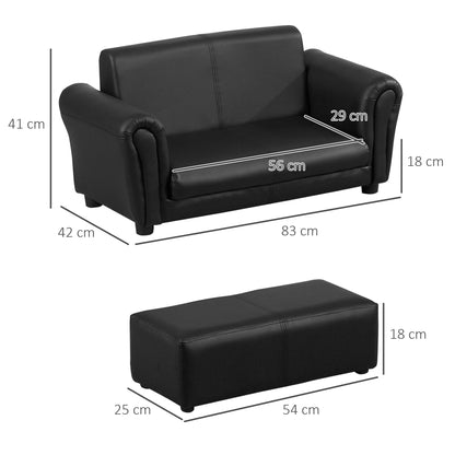 HOMCOM ids Sofa Bed Kids Twin Sofa Toddler Chair 2 Seater Kids Twin Sofa Chair Boys Girls Couch w/ Footstool (Black)