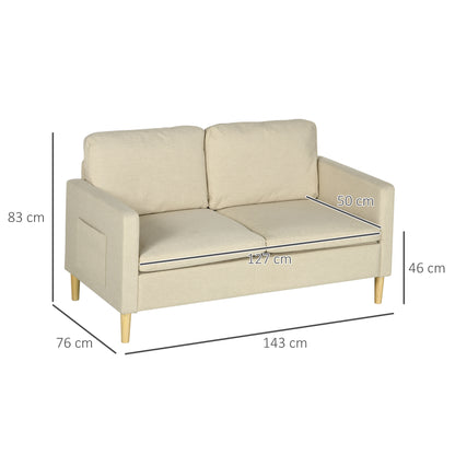 HOMCOM 2 Seater Sofa for Living Room, Modern Fabric Couch with Wood Legs and 2 Pockets for Bedroom and Home Office, Beige